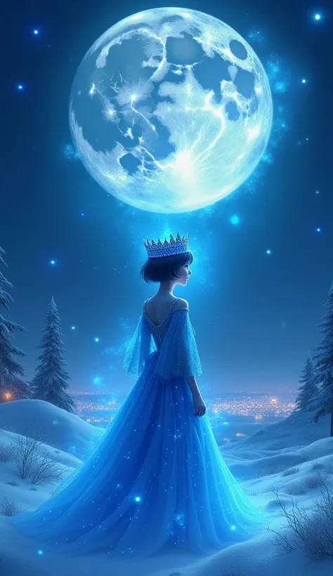 night, ((1 girl)), alone, masterpiece, 8k wallpaper, highres, absurdres, high quality background, short hair, black hair, multicolor hair, beautiful frozen village, (full bright moon), blue dress, detailed dress, jewelry dress, (magic:1.2), blue fire, blue...