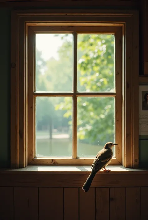 "A cozy house with a large window, where a bird is perched on the windowsill. The window has a rustic frame, with soft natural light streaming through. Outside, there's a glimpse of green trees and a peaceful, sunny day. The bird is a small, colorful speci...