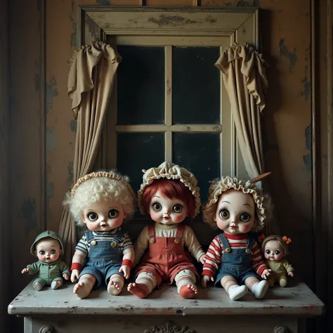 Horror toys ＆ dolls、 Very Creepy 、scared、殺意とMadness、Abandoned house、ruins、 Lots of Creepy Dolls 、 white skin、 Tattered Drapes 、window、 Very Creepy でscaredkewpie dollsが揺り椅子に座っている、ロリータドレスのscaredkewpie dolls、 Frill and Ribbon Hats 、 Scary Kewpie Dolls 、Madnes...