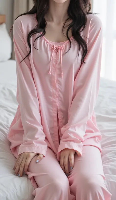  a female student , sitting pulled over on the mattress leaning with both hands,  front facing body and legs, Long Sleeve Oversize Sleepwear Satin Material Pink, Long sleeper pants up to the toe satin material pink,  big and round boobs ,  very slim body ,