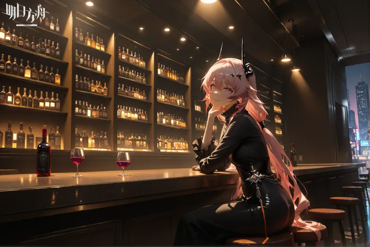 female,(((alone)))((Theresa)),((Theresa_\(arknights\))), Theresa_\(arknights\),  pink hair color 。Pink Eyes。longhair。Black horn 。  white and black dress,(Focus on face :1.5),smile,,Photorealistic Background,Bar counter, is sitting, best quality, amazing qu...