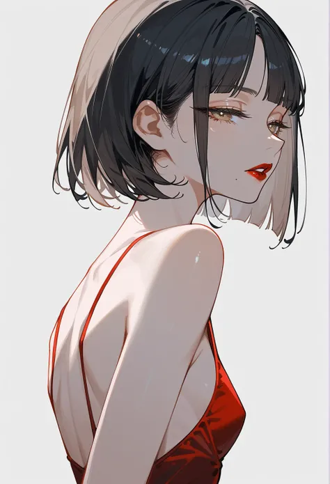 Artwork, Back view, Single woman, Backless dress, White, Alone, Dark black hair, Short blunt bangs, Long parted bangs, Light brown eyes, Half-closed eyes, Parted lips, Expressionless, Fair complexion, Small breasts, Upper body, Blunt bangs, With mole under...