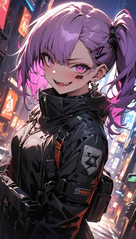 ( beautiful girl  : 1.3), 1 girl,(protective clothing,metal headband , earrings,Assault rifle),Purple Hair, side ponytail , barcode tattoo on cheek, Crazy Smile ,Reckless attitude,Evil face,Provocative attitude, with sharp eyes, cyberpunk, night neon city,...