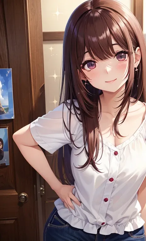 anegasaki nene、 shiny maroon hair,  ( brown pretty eyes 、 sparkling eyes , Fine grain)、smile、 super detailed eyes、 very detailed face,  very detailed eyes,   (Masterpiece:1.2,  best quality), 1 girl, cowboy shot、



 Generate anime sex videos