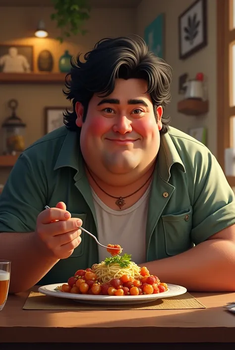 A wavy black-haired man half chubby and eats