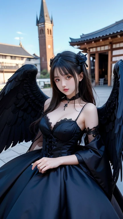 Church in the Blue Sky 　Fallen angel with big black wings　１２age　gothic lolita prom dresses　 beautiful Japanese girl