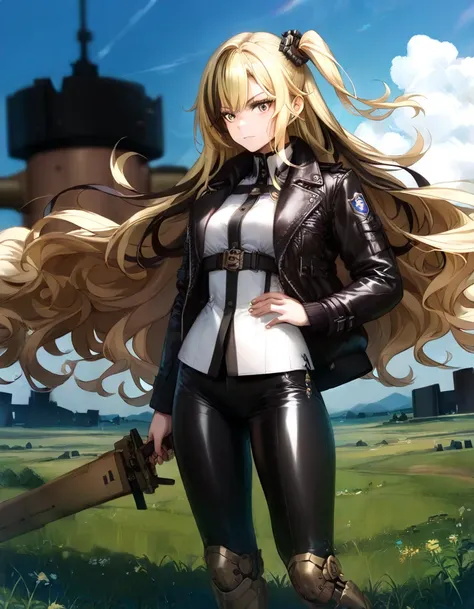 Masterpiece, best quality, Great Quality , very aesthetic, high resolution, more details , 1girl  ,alone,{((blonde hair)),((black streaked hair)),((one side up)),(Long hair)},((field jacket)),((uniform)),((leather pants)) ,(cool),mechanical legs,((battlefi...