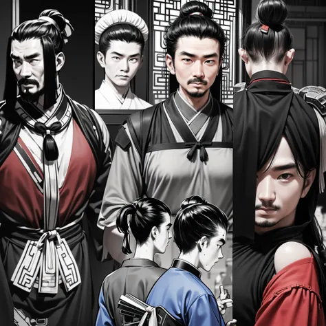   Hairstyles and Clothes Depicting the Same Man from 3 Different Angles  、Seen from 3 different angles        、    A character model sheet depicting the same man from 3 different angles is open、   ((Ancient Chinese Man )),