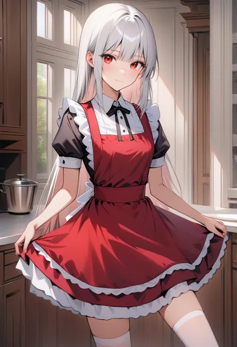 (masterpiece), best quality, expressive eyes, perfect face, 1 Girl, Tall, Tomboy, soo, long straight hair, white hair, red eyes, medium chests, gentle smile, looking at viewer, red maid dress, short-sleeve, black maid neck ribbon, red maid skirt, short ski...