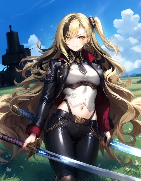 Masterpiece, best quality, Great Quality , very aesthetic, high resolution, more details ,  1girl   ,alone,{((blonde hair)),((black streaked hair)),((one side up)),(Long hair)},((field jacket)),((uniform)),((leather pants)) ,(cool),mechanical legs,((battle...