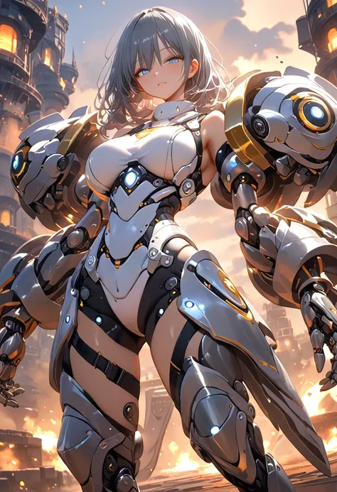 Power。 location with built-in cannons is a cyber arena。The Power of Power 。Machine Girl。 Machine Body 。grey suit。 mechanization。 metal skin。Wishlist。 mechanization。giant metal arm 。 Large Shoulder Armor。 giant knuckles。hit。Shield on the thigh。hair over one...