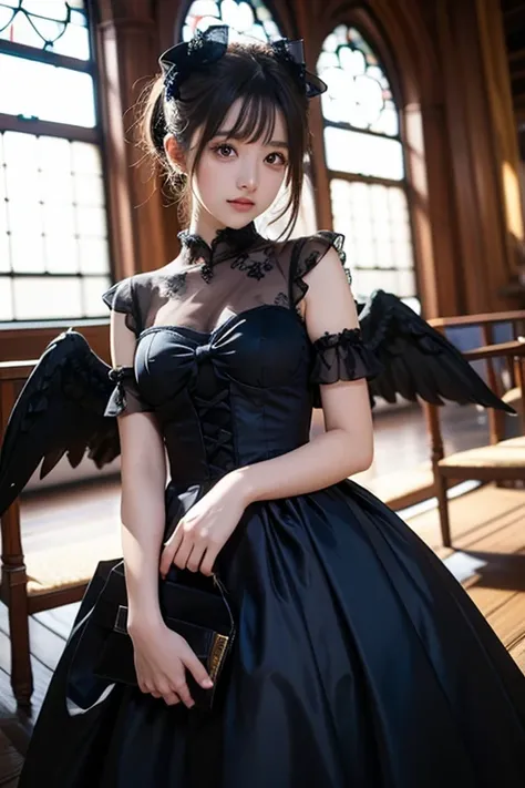 Church in the Blue Sky 　Fallen angel with big black wings　１２age　gothic lolita prom dresses　 beautiful Japanese girl