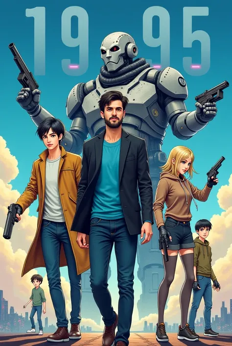 man in black hair and short beard wore black blazer and blue t shirt and jeans holding lazer gun as main character, young gorgeous fair woman in black hair wore long brown coat holding robo broken hand,
Old freaky man in yellow jerkin holding video game jo...