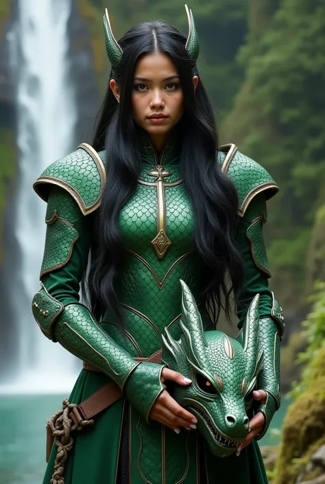 The image you provided appears to depict a young woman wearing futuristic, detailed green armor, holding a dragon-like helmet, with long flowing black hair. She stands in front of a natural backdrop that includes a waterfall, exuding a sense of strength an...