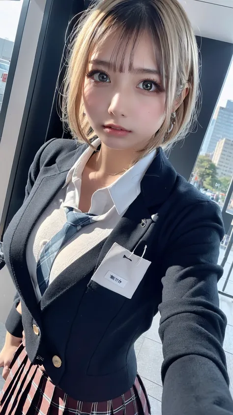 ((masterpiece,  best quality,  high resolution,  Ultra Fine)),  Japanese high school girl in a bold position,( is present:1.5)、great face、 sharp mouth、With a pout、Glossy Lips 、 short hair while on a business trip,(Beautiful blonde:1.5)、 high school uniform...