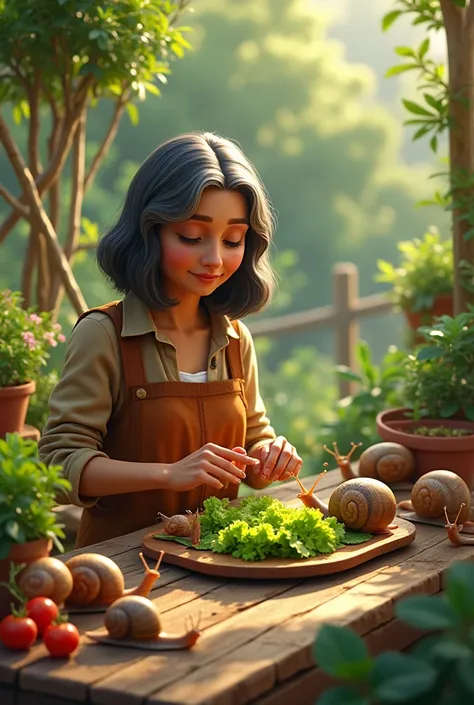  An older woman with Latin features, Shoulder-length black mane , Take care of your SNAILS in the garden and feed them. 
 Snails live happily eating lettuce ,  tomato and drinking fresh water . There are snails of different ages.
 Realistic scene happens i...