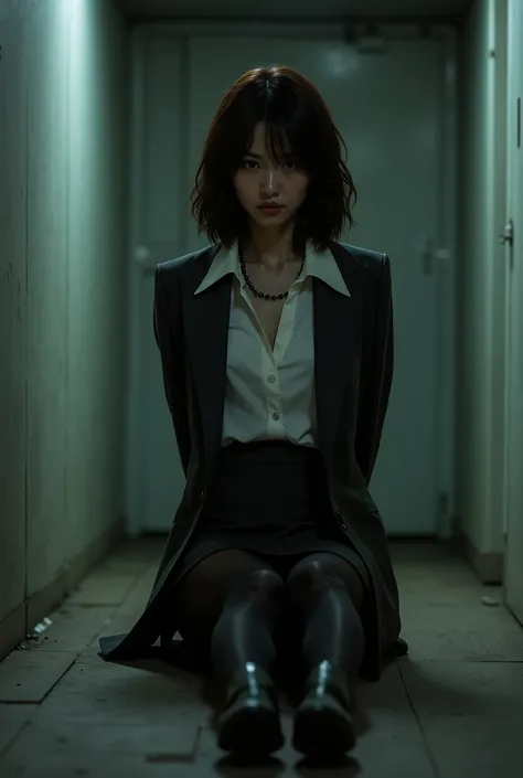 masterpiece, 8k,  Photorealistic, crime scene, beautiful Japanese mature woman, detailed face, milf, elegant lady, dark gray business suits, pencil skirt, white blouse, black pantyhose, necklace, (rope restrained her arms:1.8), (her arms were tied together...