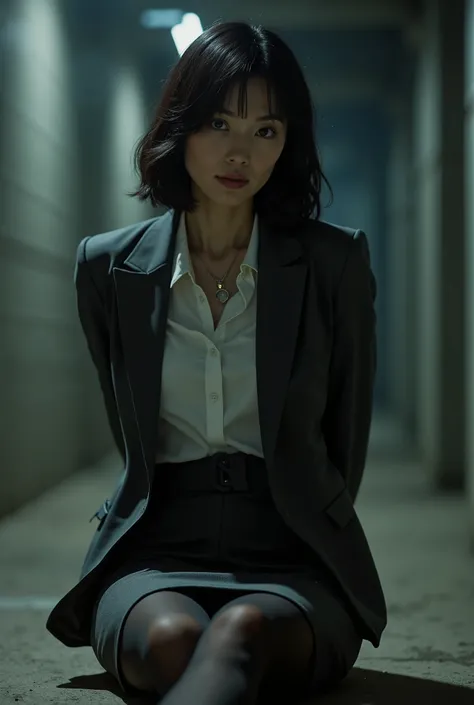 masterpiece, 8k,  Photorealistic, crime scene, beautiful Japanese mature woman, detailed face, milf, elegant lady, dark gray business suits, pencil skirt, white blouse, black pantyhose, necklace, (rope restrained her arms:1.8), (her arms were tied together...