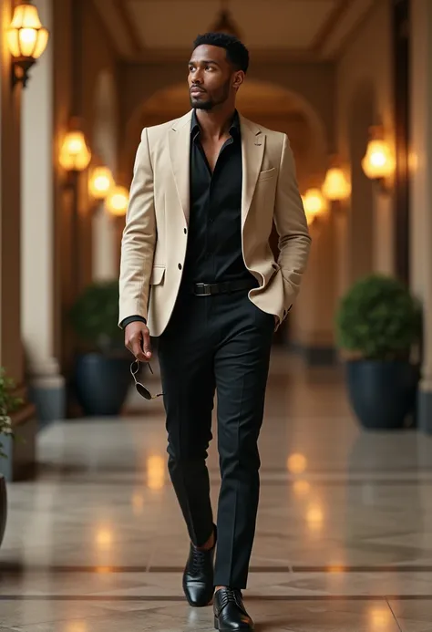 "A tall, elegant brown-skinned man wears black pants and a black shirt with a fitted light beige blazer. He holds a pair of sunglasses as he walks confidently in a luxurious setting with classic architecture and warm lighting."