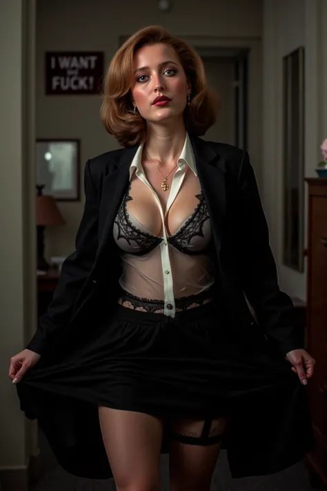 A woman 35 years1girl, a A hyper-realistic photo of Gillian Anderson as Dana Scully, featuring a beautifully detailed face with captivating eyes and a serene expression, The image showcases her natural beauty, focusing on her flawless skin and delicate fea...