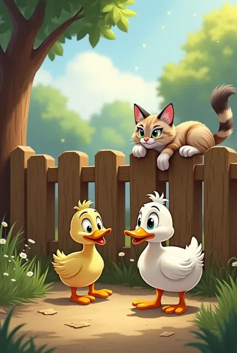 A curious duck waddles near a small farm. The duck, named Daisy, notices a cat sunbathing on a wooden fence. The cat, Whiskers, opens one eye lazily and watches Daisy approach