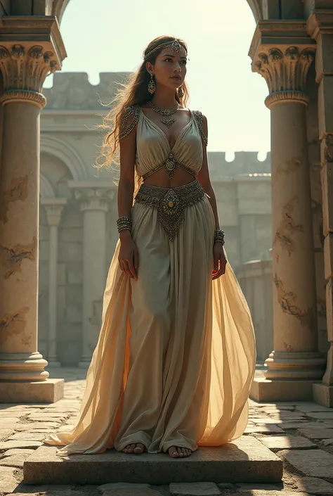 a woman with  is standing on a stone platform, ancient roman princess, a beautiful fantasy empress, girl in roman ruins, anime goddess, detailed render by unreal engine 5, quality by unreal engine 5, the goddess artemis smiling, latin goddess venus, dramat...