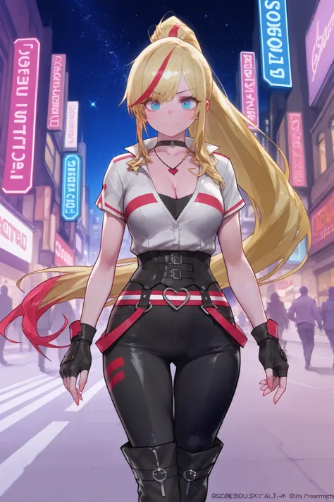 Lady, gorgeous woman, long side bangs, long flowing ponytail, blonde with red highlights on hair, lots of red stripes on hair, thin waist, medium breast, cleavage wasteland outfit, thick eyelashes, ultra detailed face, idol, black pants, black 'n white t s...