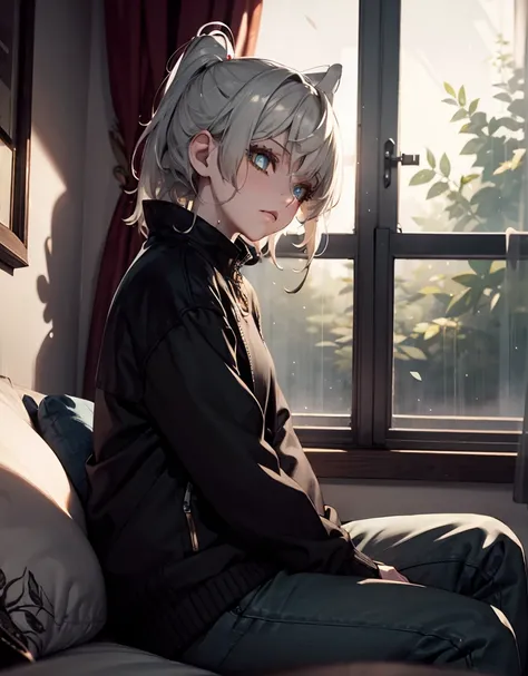 [1girl: [white hair, medium hair, wolf cut, (sad, depressed eyes, tired eyes:1.2), eyes half-closed:1.2, ((exhausted:1)), looking out of the window, (dull white sweater, black pants AND baggy pants:1, long pants), looking to the side:1.4, full body]], (one...