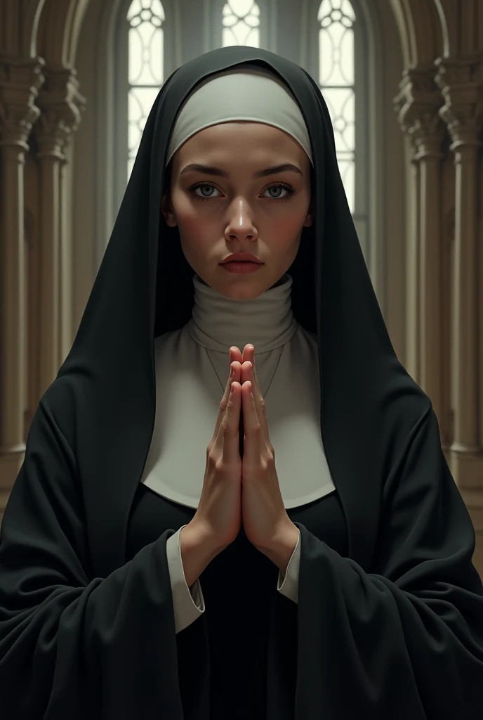 The nun making a hand gesture,