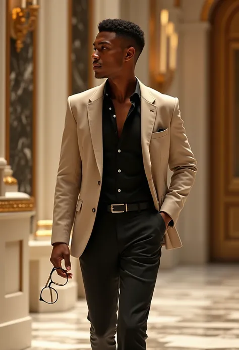 "Brown-skinned young man in sophisticated casual attire: black shirt with open collar, black dress pants and light beige blazer. He holds glasses as he walks through a luxurious environment with marble details and golden lighting."