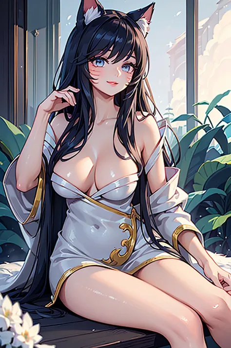 (best quality,ultra-detailed,realistic:1.37),Ahri,spa,luxurious,relaxing atmosphere,beautiful detailed eyes,beautiful detailed lips,smiling,bathrobe,sitting upright,black hair,nine white tails,peaceful background,portraits,vivid colors,soft lighting,tranqu...