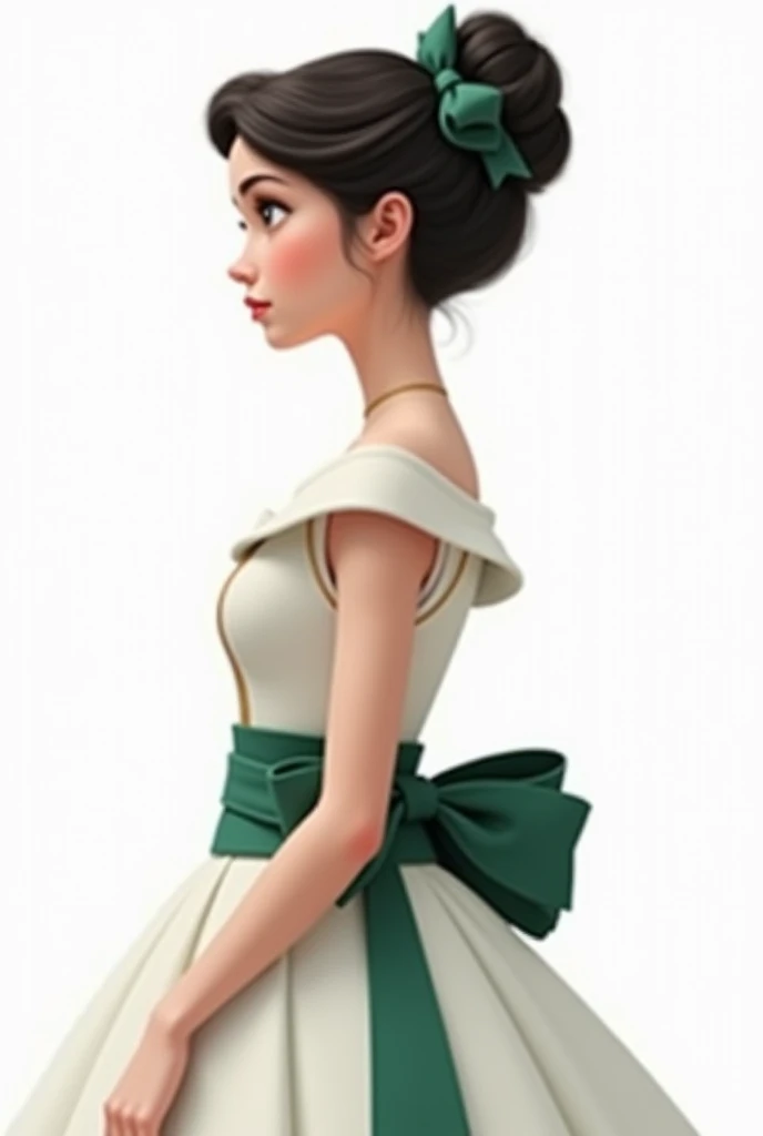 Imagine a beautiful  about , dark hair and fair skin dressed in a white princess-model dress, on the hair a beautiful hairstyle with a dark green bow, a green belt with a large bow and the forward standing position .  white image background .