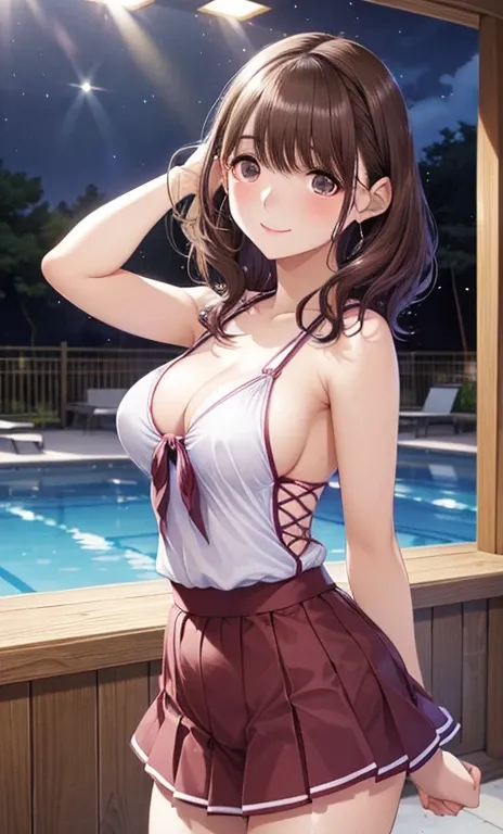 anegasaki nene、 shiny maroon hair,  ( brown pretty eyes 、 sparkling eyes , Fine grain)、smile、 super detailed eyes、 very detailed face,  very detailed eyes,   (Masterpiece:1.2,  best quality), 1 girl, cowboy shot、




Pool at night　 beautiful Japanese actre...