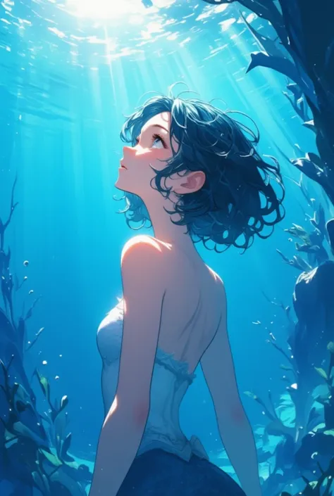 (masterpiece, best quality),A serene underwater view looking up at the surface of the water. A siren(mermaid) is visible from below, her elegant, wavy dark blue short-hair flowing gently in the crystal-clear water. Sunlight beams penetrate the water, creat...