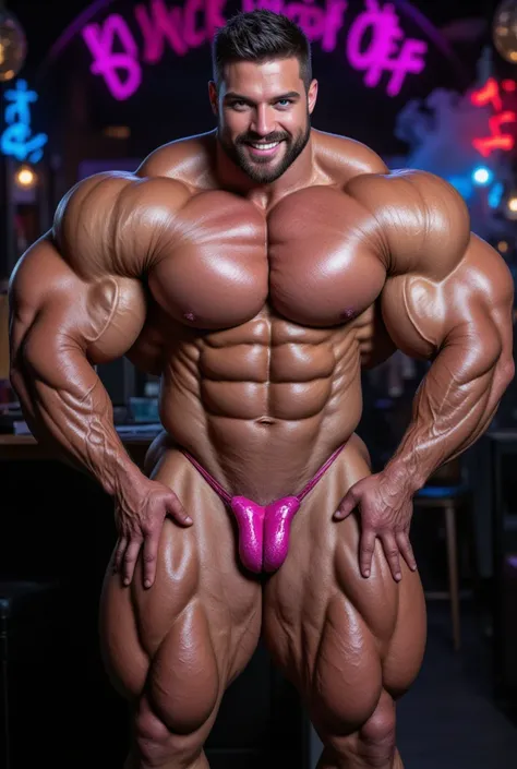 score_9, score_8_up, score_8, score_7_up, score_7, 1men, handsome man, pumped bodybuilder man, (hyper-muscular:2.4), (wearing a neon rave latex thong:1.8), (normal penis print:2.3), (nice bulge:1.7), (sky blue big eyes:1.2), (a close-lipped light smile:1.8...