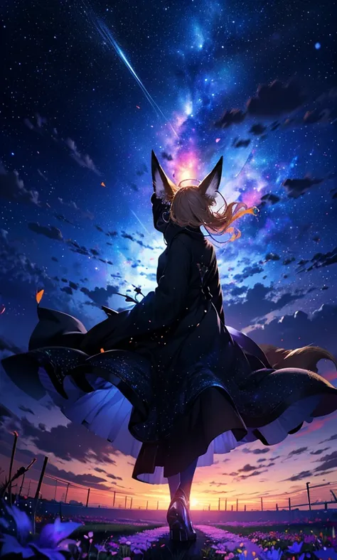 １people々々々々々々々,   blond woman，        fox ears，        long coat    ，       tall   ，         dress silhouette，         rear view，Space Sky, Flower Field，Countless meteor showers，         colorful flowers     ，Dancing petals，