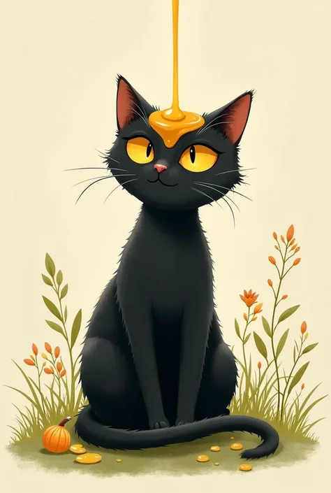 very simple drawing of a black cat with honey on its head and hand