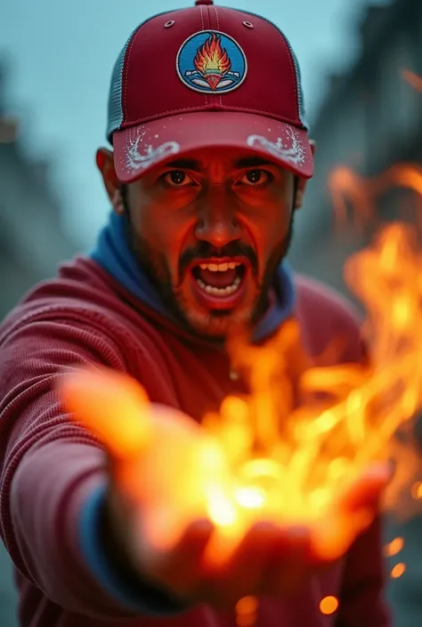  
a man real age age . 19 Malaysia Indonesia.(orange eyes) Glowing eyes. Anger face. Open mouth. . wearing an (ruby red and light blue white ) sweater, ( red and light blue white ) cap with small logo (flame and frost) logo. anger face . Dramatic.r(ruby re...