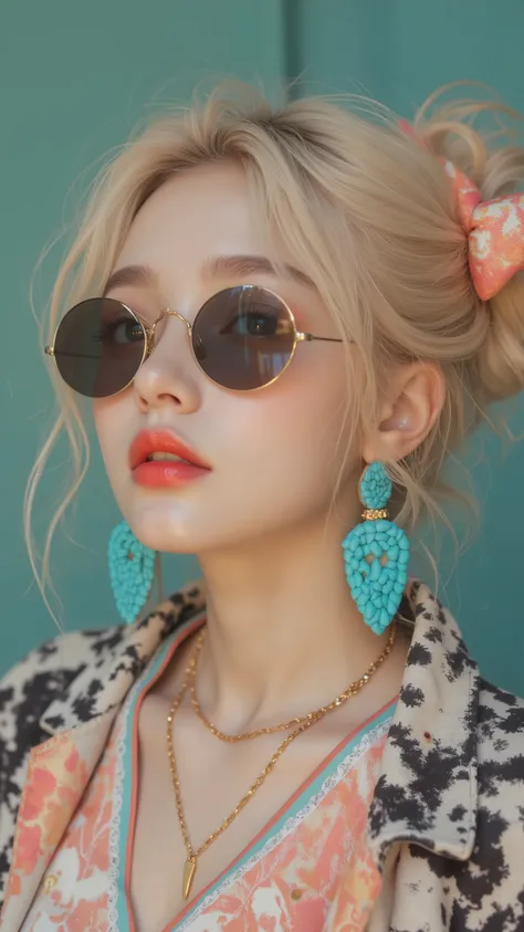 8k, masterpiece, highest quality, Korea's Beautiful Women, Close-up, blonde, buns, silk, bow, black-white, patterned, round, sunglasses, coral-pink, red, lipstick, necklaces, turquoise, gold, earrings, striped, jacket, teal, wall.