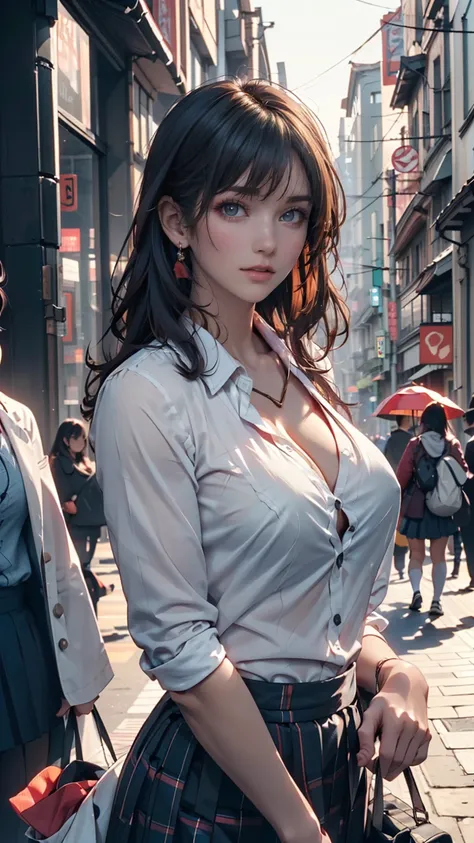 ((( is present  photoshoot))),, portrait,Beautiful girl holding a cucumber,  viewers, , ( school uniform :1.2), Button up the shirt 、Put on your pants, , ( cleavage:1),, On the streets of Japan, (Environment details:1.3),, ( RAW photos, CG Unity,  photosho...