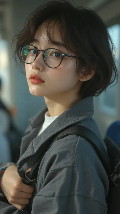 8k, masterpiece, highest quality, Korea's Beautiful Women, Close-up, eye-level, slightly low angle.  Short, dark hair, glasses, calm expression. Oversized, dark gray shirt, white t-shirt. Relaxed, slightly hunched posture, holding strap. Train, blurred bac...