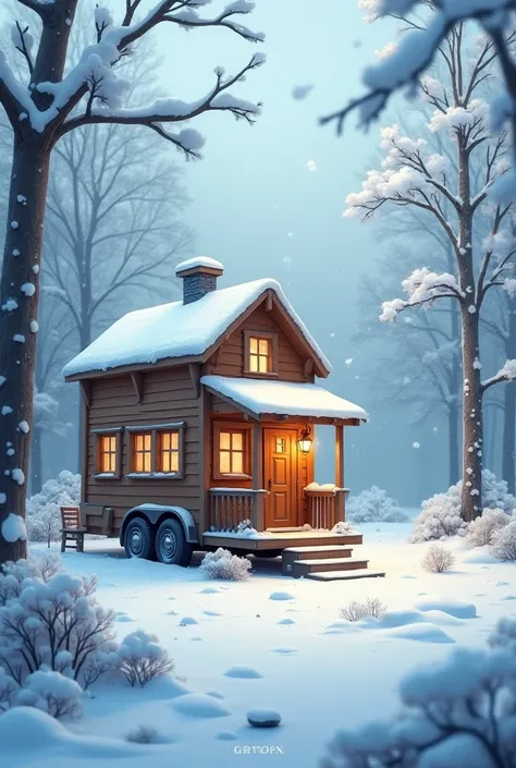 Calmly falling snow house on wheels