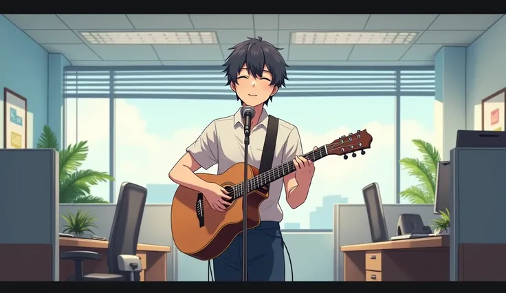 A male kpop idol performs at the office with a guitar, hopeful,  has a standing microphone , anime,  cute