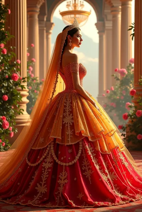 a regal and elegant scene featuring a hijab woman dressed in an extravagant red and yellow ball gown with fairy wing . The dress has intricate golden embroidery, layered skirts, and a shimmering design that adds to its luxurious appeal. she wears a delicat...