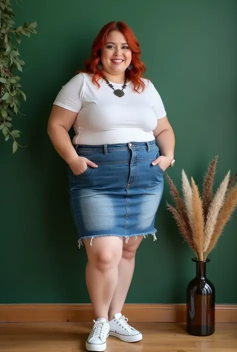 brunette, fat woman, big hips, short, big breasts, fat arms, black eyes, red hair, wearing faded blue denim skirt, short, white top, white sneakers on her feet, big leaf earrings and long leaf necklace, looking at the camera, smiling, legs crossed, hands i...