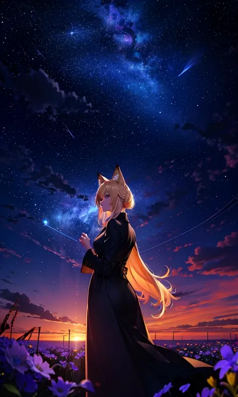 １people々々々々々々々,   blond woman，        fox ears，        long coat    ，       tall   ，         dress silhouette，         rear view，Space Sky, Flower Field，Countless meteor showers，         colorful flowers     ，Dancing petals，