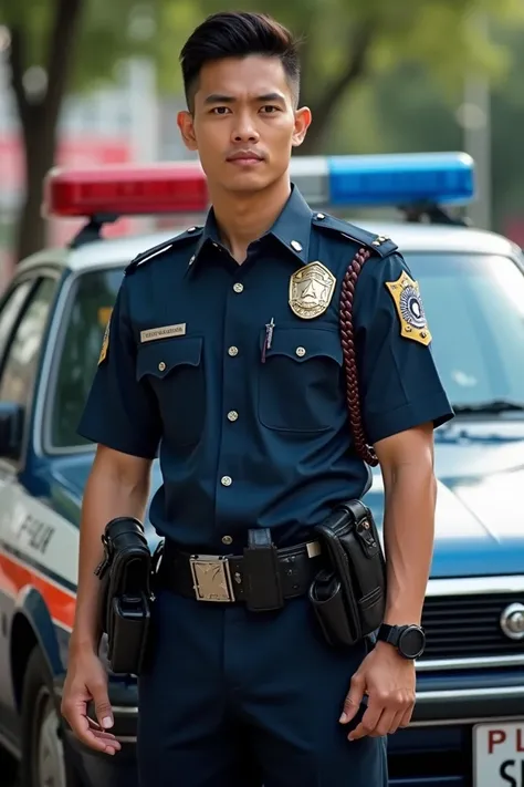 A handsome Indonesian man with neat hair, wearing an Indonesian police uniform complete with attributes, with a strong, muscular body. Posing next to a police car with the strobe lights on 