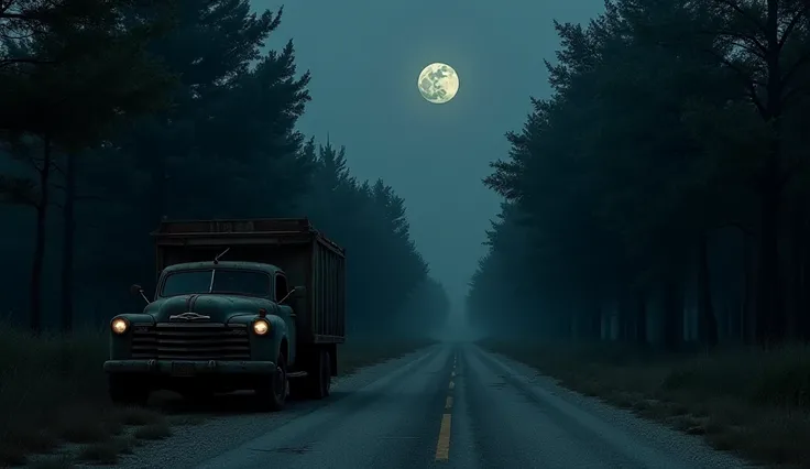 **Prompt para a imagem:**  

" A deserted road at night ,  with an old, rusty truck parked on the side.  The setting is bleak ,  with a full moon dimly illuminating the scene .  The truck is partially illuminated by a broken headlight ,  with the dark and ...