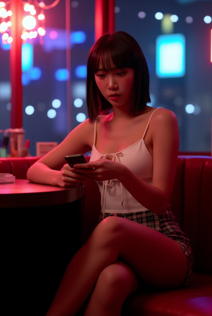 (masterpiece,  top quality : 1.2), Alone, 3D rendering , 3D Model,  I sent a text message  ,  short hair while on a business trip, White Whip T-shirt, miniskirt,Thin, transparent ,,large full breasts:1.5、 Huge胸の谷間 , Bold sexy ,  Cross Legs, knees_ up,(knee...