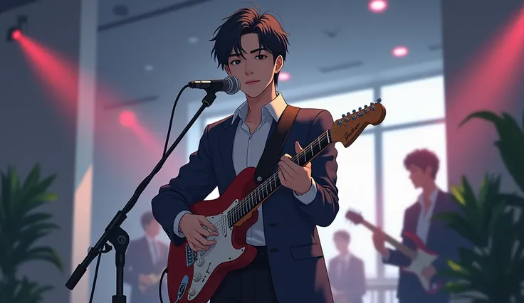 A male kpop idol performs at the office with a guitar, hopeful,  has a standing microphone , anime, Electric guitar